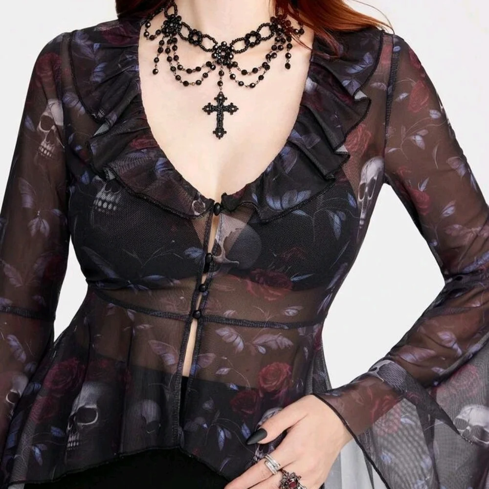 Hot Topic Black Sheer Gothic Skull Ruffle Camisole Top - Picture 5 of 5